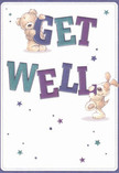 Full of cheerful optimism, this illustrated get well card features two delightful companions-a teddy bear and a playful puppy-bursting with affection as they balance colourful, oversized letters spelling out 'Get Well.' The use of indigo and teal across the bold text stands out against the creamy background, much like a fresh arrangement from Barnsbury Florist on a lively Islington morning. Stars in sparkling blues and purples scatter across the card, lending an uplifting, whimsical energy akin to spotting early blossoms around Highbury Fields. The bear's fur and the puppy's floppy ears are drawn with such gentle texture you can almost feel the comfort in their embrace-a healing touch for neighbours in recovery nearby. The entire scene feels like a personal gesture from one Barnsbury resident to another: heartfelt, warm, and authentic. Sending this card alongside a vibrant bouquet embodies the spirit of care and kindness that makes Barnsbury so special, making every detail a part of a genuine wish for well-being and renewal.